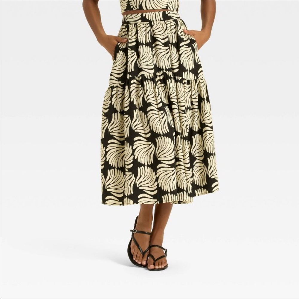 A New Day Black and Cream Tiered Midi Skirt